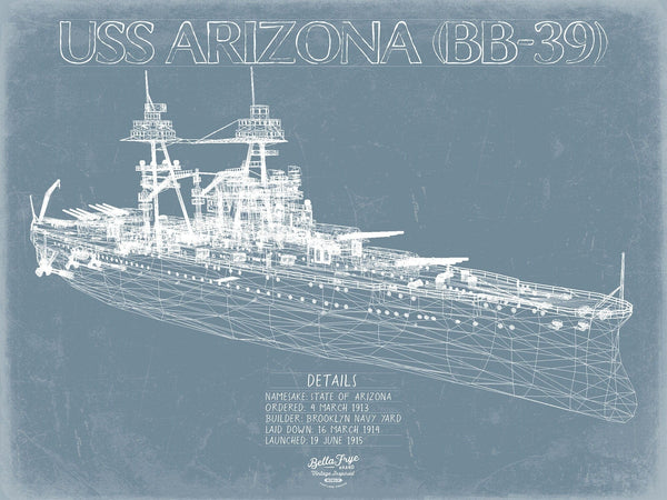 Bella Frye USS Arizona BB-39 Blueprint Wall Art - Original Carrier Print