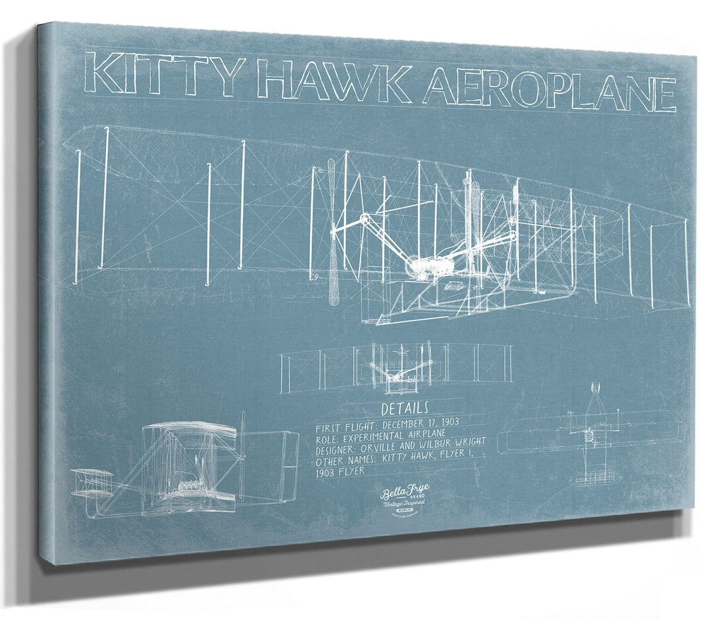 Bella Frye Wright Bros Kitty Hawk First Flight Blueprint Wall Art - Original Airplane Print