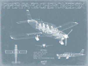 Bella Frye Piper PA-32 Cherokee Six Aircraft Blueprint Wall Art - Original Airplane Print