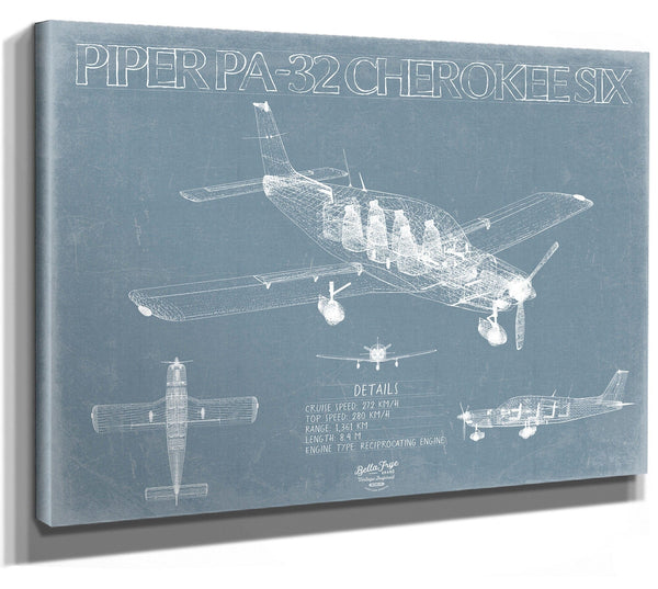 Bella Frye Piper PA-32 Cherokee Six Aircraft Blueprint Wall Art - Original Airplane Print