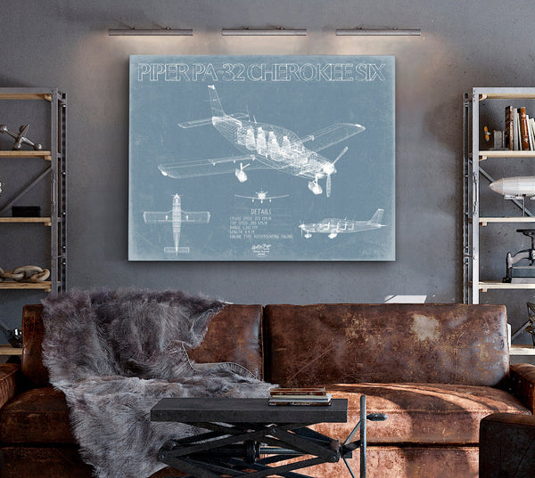 Bella Frye Piper PA-32 Cherokee Six Aircraft Blueprint Wall Art - Original Airplane Print