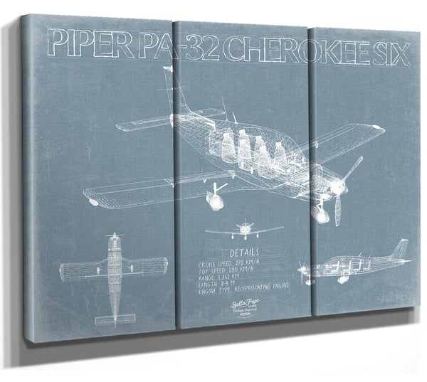 Bella Frye Piper PA-32 Cherokee Six Aircraft Blueprint Wall Art - Original Airplane Print