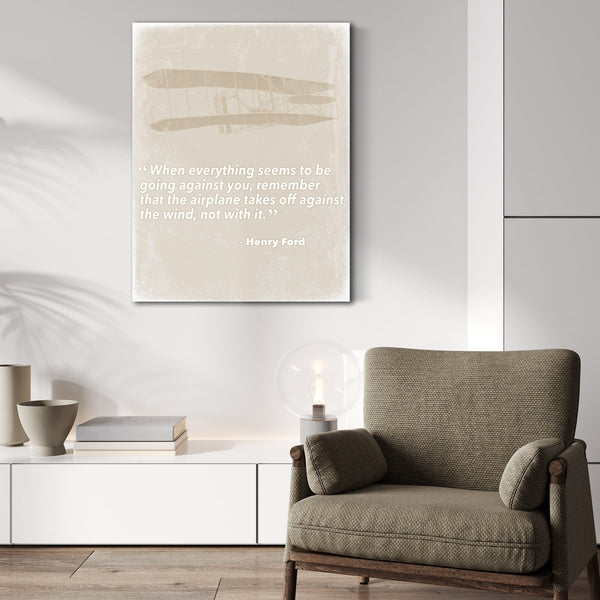 Bella Frye Henry Ford Inspirational Pilot Quote Wall Art - Airplane Takes Off Against the Wind Quote