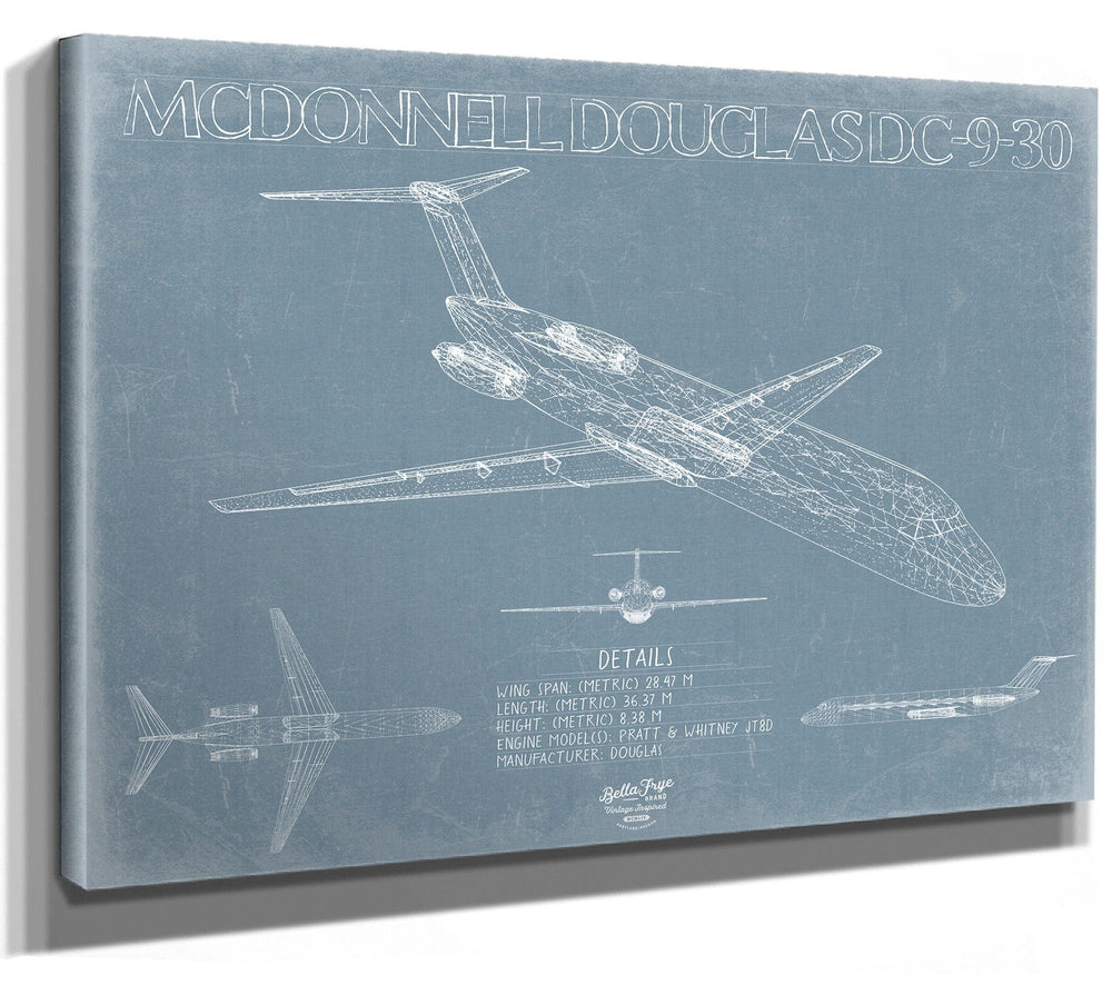 Bella Frye McDonnell Douglas DC-9-30 Aircraft Blueprint Wall Art - Original Aviation Plane Print