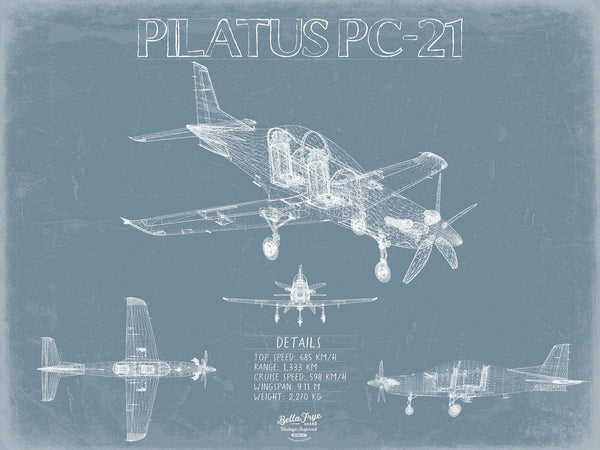 Bella Frye Pilatus PC-21 Aircraft Blueprint Wall Art - Original Aviation Plane Print