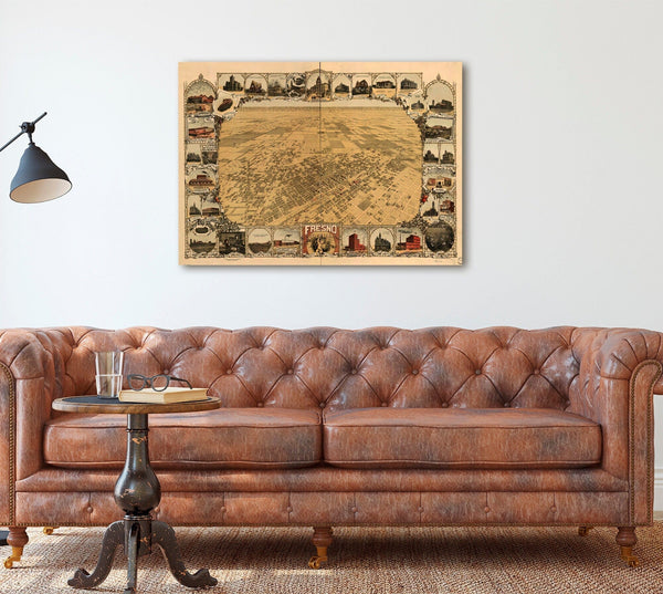 Bella Frye Fresno California Vintage Map Wall Art - Bird's Eye View City Canvas Art