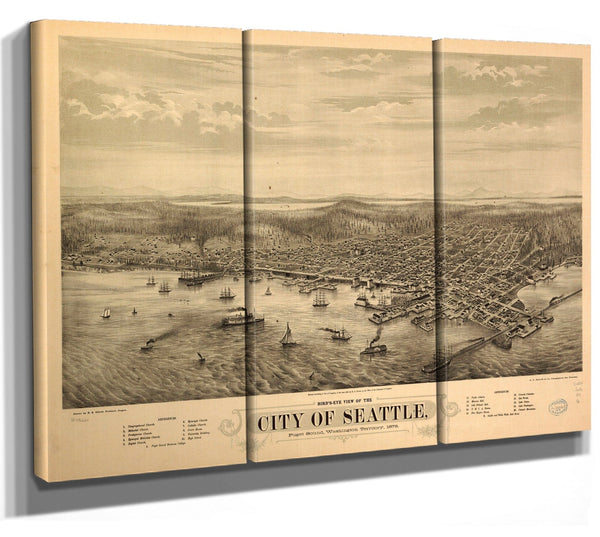 Bella Frye Seattle Washington Vintage Map Wall Art - Bird's Eye View City Canvas Art