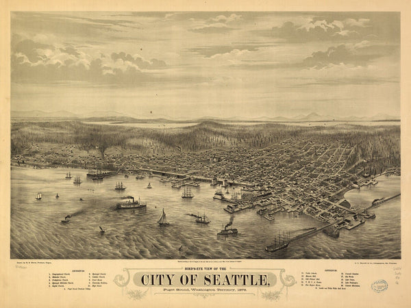 Bella Frye Seattle Washington Vintage Map Wall Art - Bird's Eye View City Canvas Art