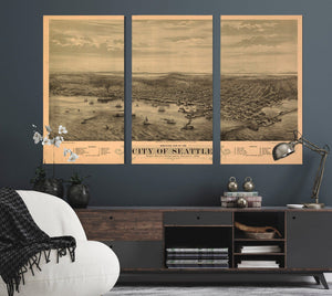 Bella Frye Seattle Washington Vintage Map Wall Art - Bird's Eye View City Canvas Art