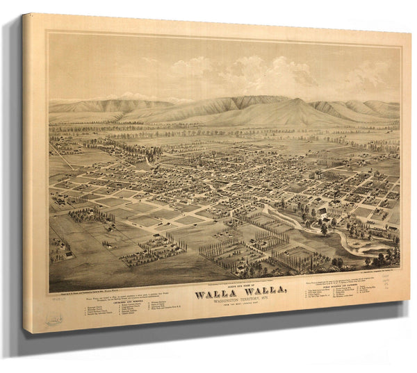 Bella Frye Walla Walla Washington Vintage Map Wall Art - Bird's Eye View City Canvas Art