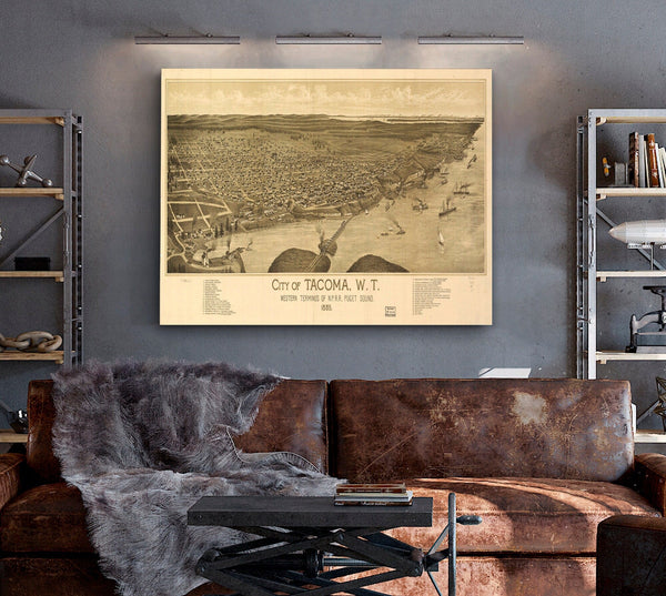 Bella Frye Tacoma Washington Vintage Map Wall Art - Bird's Eye View City Canvas Art