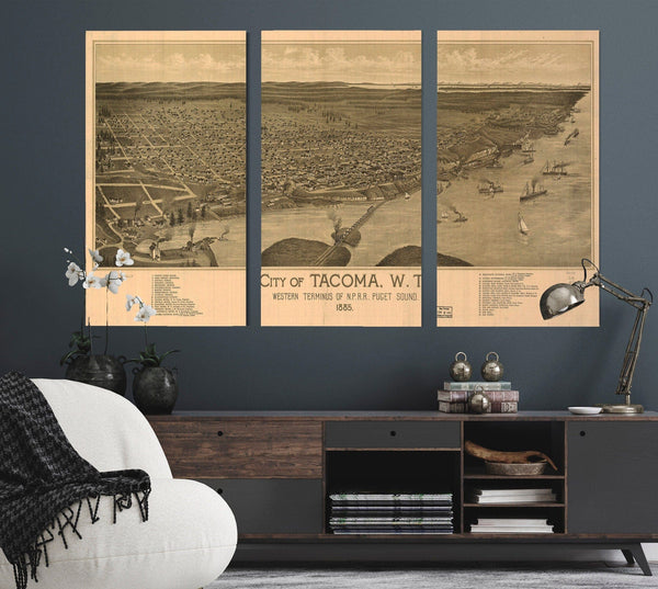 Bella Frye Tacoma Washington Vintage Map Wall Art - Bird's Eye View City Canvas Art