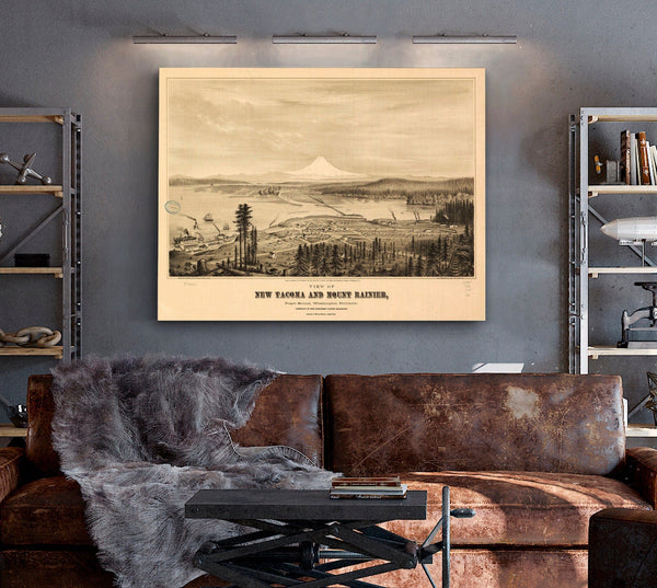 Bella Frye Mount Rainier and New Tacoma Washington Vintage Map Wall Art, Bird's Eye View City Canvas Art