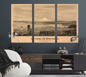 Bella Frye Mount Rainier and New Tacoma Washington Vintage Map Wall Art, Bird's Eye View City Canvas Art