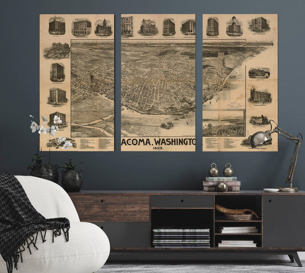 Bella Frye Mount Rainier and New Tacoma Washington Vintage Map Wall Art - Bird's Eye View City Canvas Art