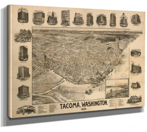 Bella Frye Mount Rainier and New Tacoma Washington Vintage Map Wall Art - Bird's Eye View City Canvas Art