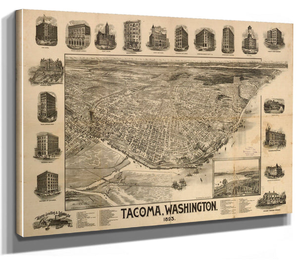 Bella Frye Mount Rainier and New Tacoma Washington Vintage Map Wall Art - Bird's Eye View City Canvas Art