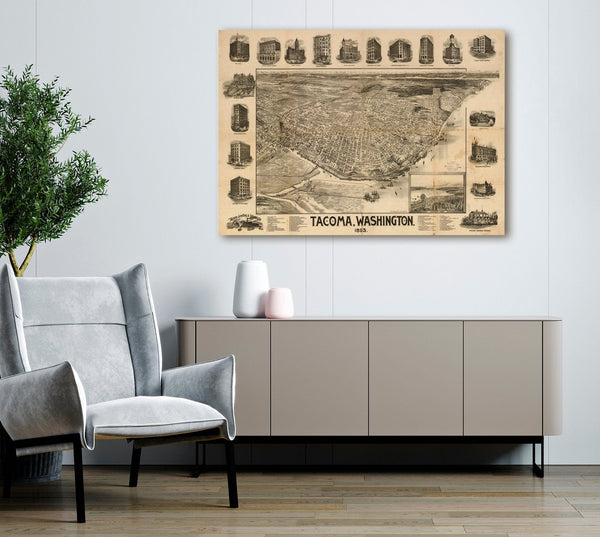 Bella Frye Mount Rainier and New Tacoma Washington Vintage Map Wall Art - Bird's Eye View City Canvas Art