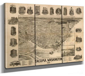 Bella Frye Mount Rainier and New Tacoma Washington Vintage Map Wall Art - Bird's Eye View City Canvas Art