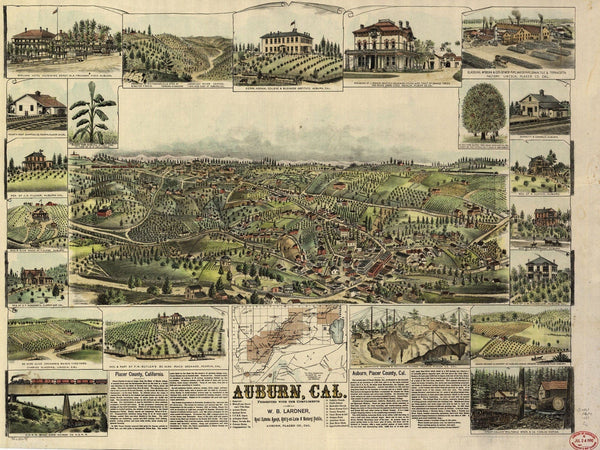 Bella Frye Auburn California Vintage Map Wall Art - Bird's Eye View City Canvas Art