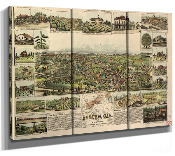 Bella Frye Auburn California Vintage Map Wall Art - Bird's Eye View City Canvas Art