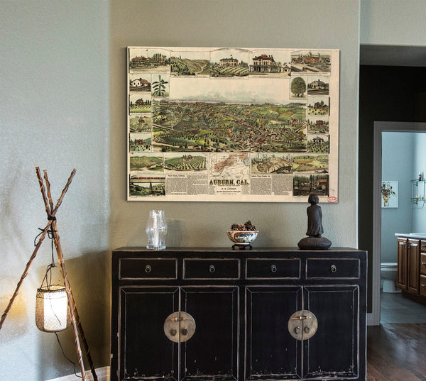 Bella Frye Auburn California Vintage Map Wall Art - Bird's Eye View City Canvas Art