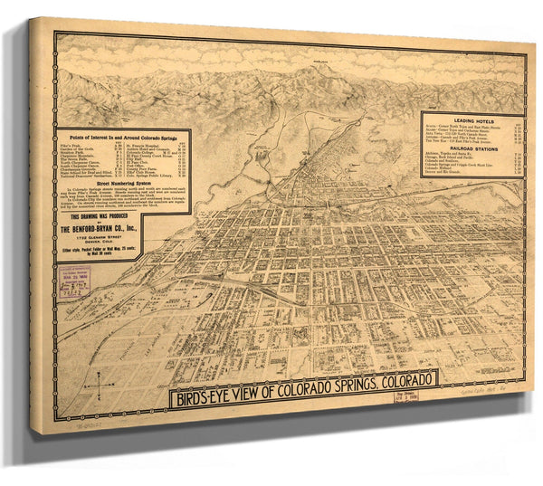 Bella Frye Colorado Springs, Colorado Vintage Map Wall Art - Bird's Eye View City Canvas Art