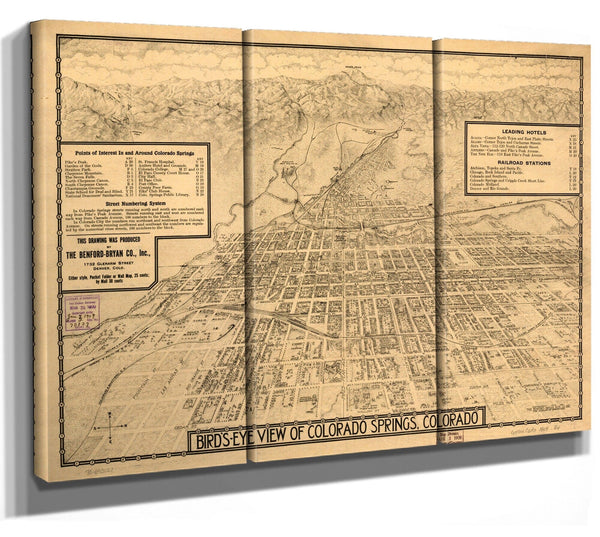 Bella Frye Colorado Springs, Colorado Vintage Map Wall Art - Bird's Eye View City Canvas Art