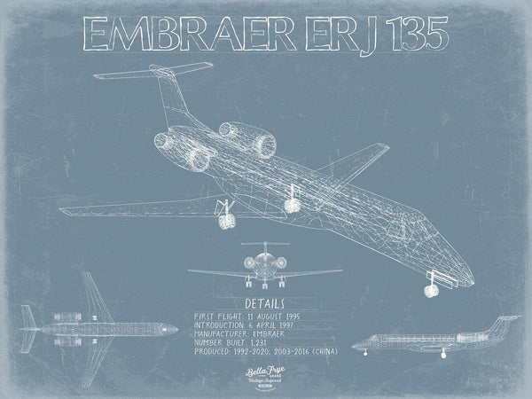 Bella Frye Embraer ERJ-135 Aircraft Blueprint Wall Art - Original Airplane Print