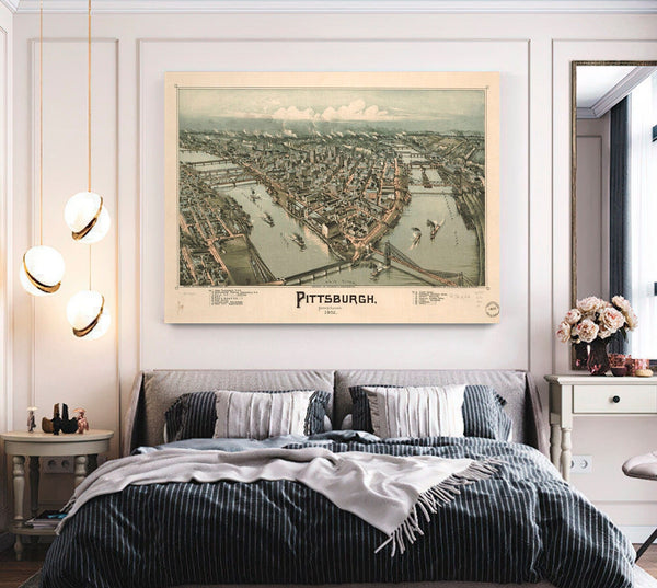 Bella Frye Pittsburgh Pennsylvania Vintage Map Wall Art - Bird's Eye View City Canvas Art