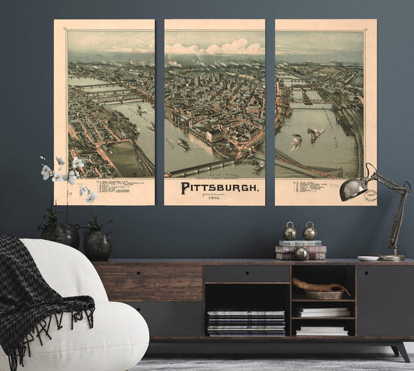 Bella Frye Pittsburgh Pennsylvania Vintage Map Wall Art - Bird's Eye View City Canvas Art