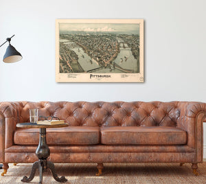 Bella Frye Pittsburgh Pennsylvania Vintage Map Wall Art - Bird's Eye View City Canvas Art