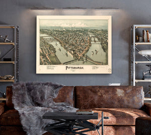 Bella Frye Pittsburgh Pennsylvania Vintage Map Wall Art - Bird's Eye View City Canvas Art