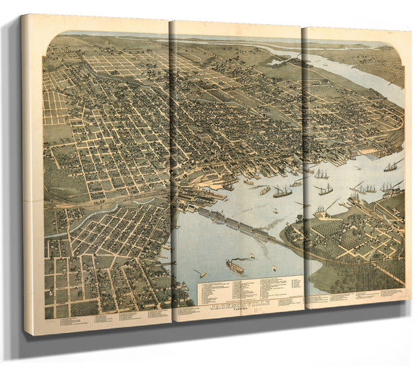 Bella Frye Jacksonville Florida Vintage Map Wall Art - Bird's Eye View City Canvas Art