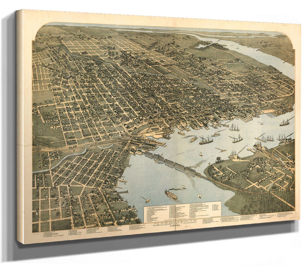 Bella Frye Jacksonville Florida Vintage Map Wall Art - Bird's Eye View City Canvas Art