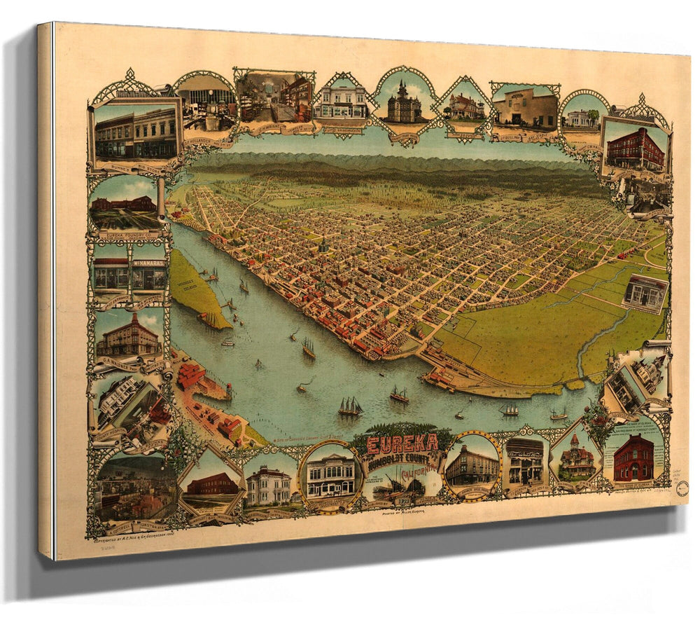 Bella Frye Eureka California Vintage Map Wall Art - Bird's Eye View City Canvas Art