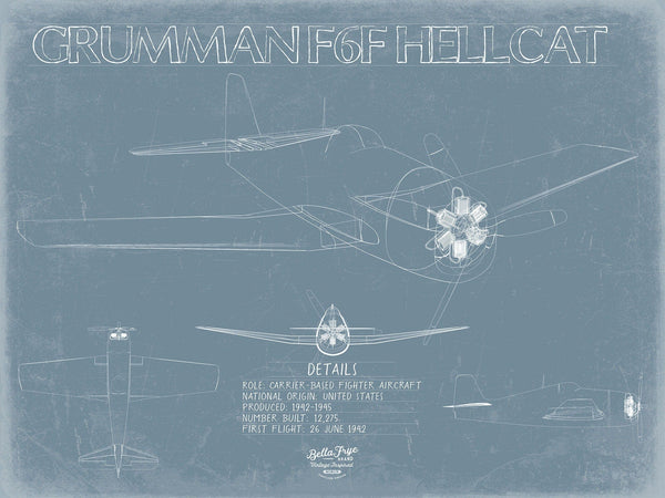 Bella Frye F6F Hellcat Blueprint Wall Art - Original Airplane Print