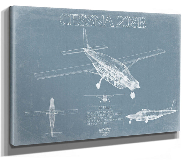 Bella Frye 14" x 11" / Stretched Canvas Wrap Cessna 208B Aircraft Blueprint Wall Art - Original Airplane Print