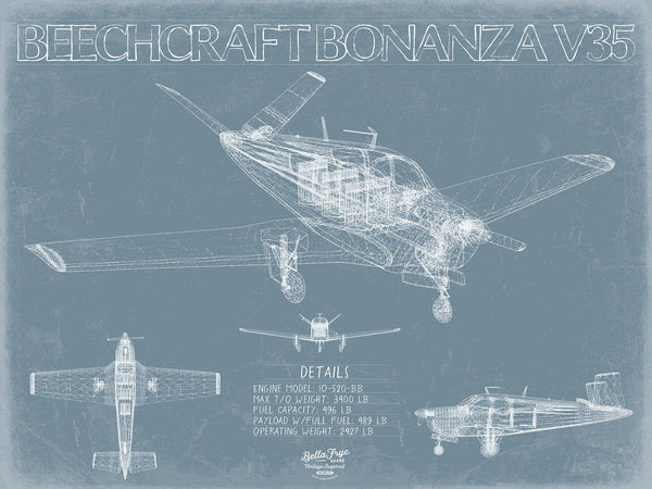 Bella Frye Beechcraft Bonanza V35 Aircraft Blueprint Wall Art - Original Aviation Plane Print