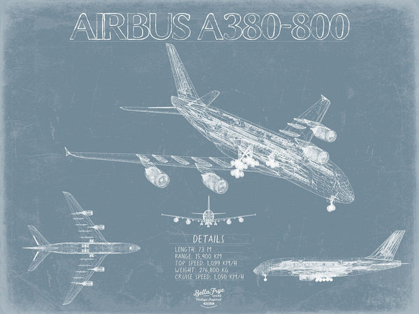 Bella Frye Airbus A380-800 Aircraft Blueprint Wall Art - Original Aviation Plane Print