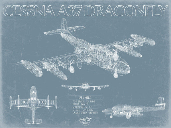 Bella Frye Cessna A-37 Dragonfly Aircraft Blueprint Wall Art - Original Airplane Print