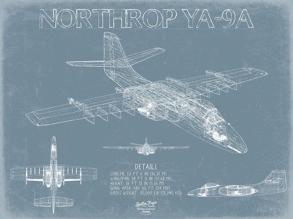 Bella Frye Northrop YA-9A Aircraft Blueprint Wall Art - Original Fighter Plane Print