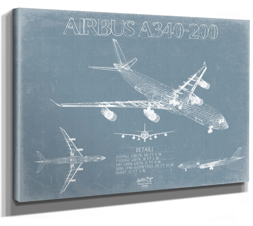 Bella Frye Airbus A340-200 Aircraft Blueprint Wall Art - Original Aviation Plane Print