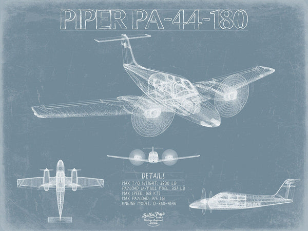 Bella Frye Piper PA-44-180 Aircraft Blueprint Wall Art - Original Airplane Print