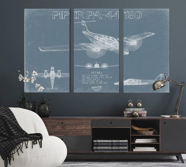 Bella Frye Piper PA-44-180 Aircraft Blueprint Wall Art - Original Airplane Print