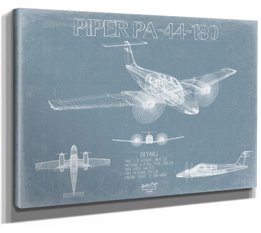 Bella Frye Piper PA-44-180 Aircraft Blueprint Wall Art - Original Airplane Print