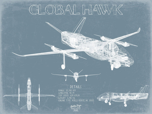 Bella Frye Global Hawk Aircraft Blueprint Wall Art - Original Airplane Print