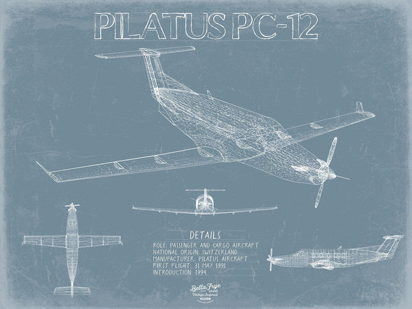 Bella Frye Pilatus PC-12 Aircraft Blueprint Wall Art - Original Aviation Plane Print