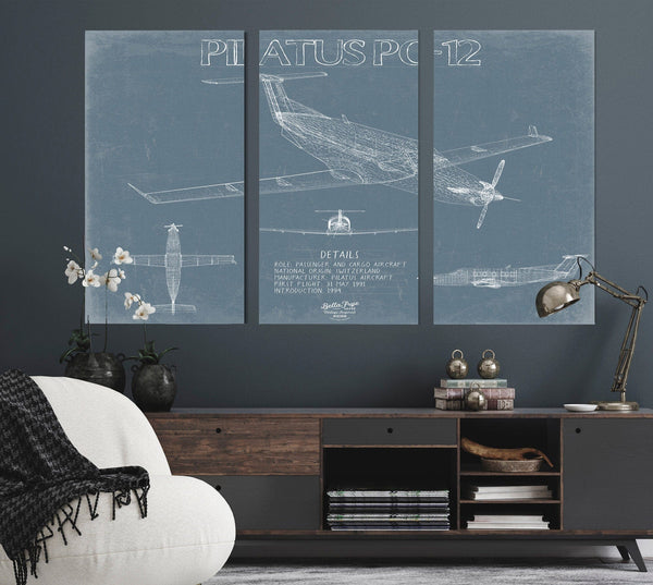 Bella Frye Pilatus PC-12 Aircraft Blueprint Wall Art - Original Aviation Plane Print