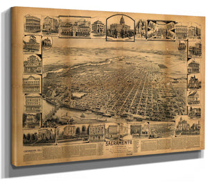 Bella Frye Sacramento California Vintage Map Wall Art - Bird's Eye View City Canvas Art